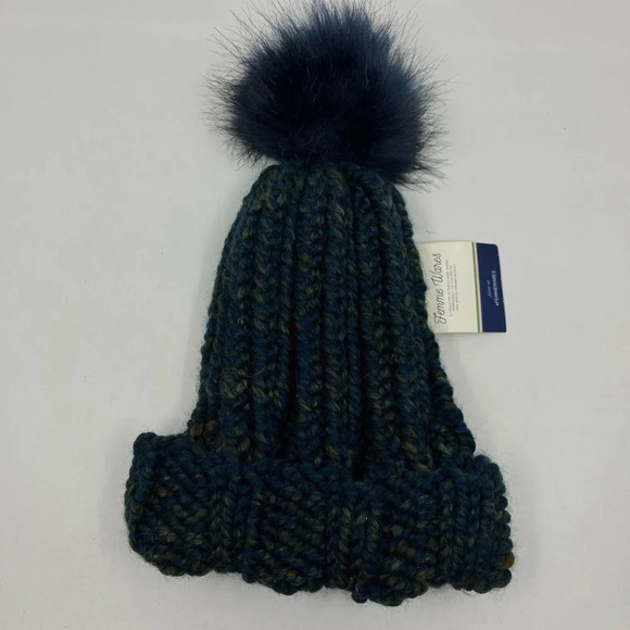 NWT Femme Wares Marled Knit Pom Pom Crochet Knit Blue Toque  Beanie - Picture 6 of 6